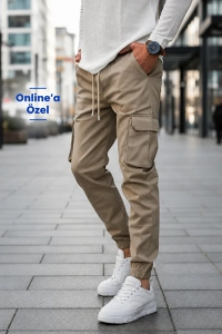 Erkek Jogger Kaliteli Bej Pamuklu Cargo Beli Ve Paçası Lastikli Gabardin Kargo Cepli Pantolon